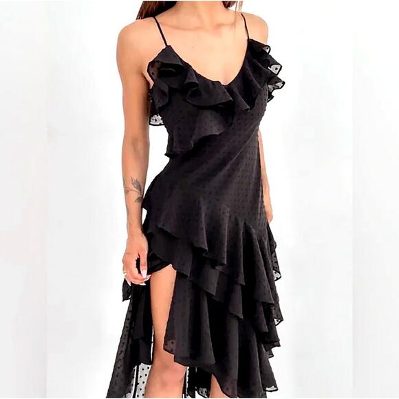 Rumored Black Tiered Ruffle Midi Dress‎ Small Cha Cha Cocktail Party Evening - Picture 1 of 7